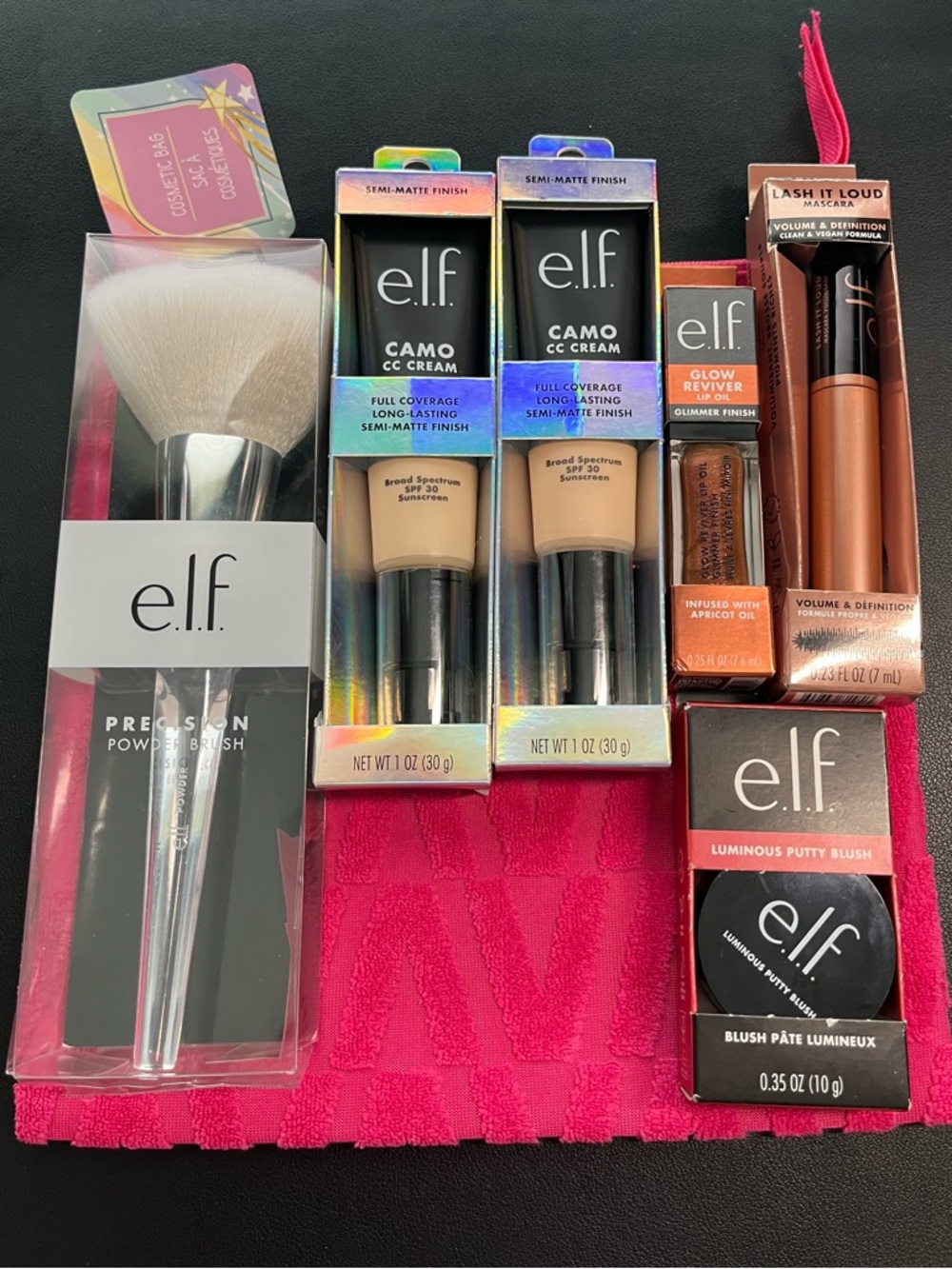 e.l.f. Makeup Bundle-Makeup Bag, Brush, Blush, 2 CC Creams, Lip Oil, Mascara.